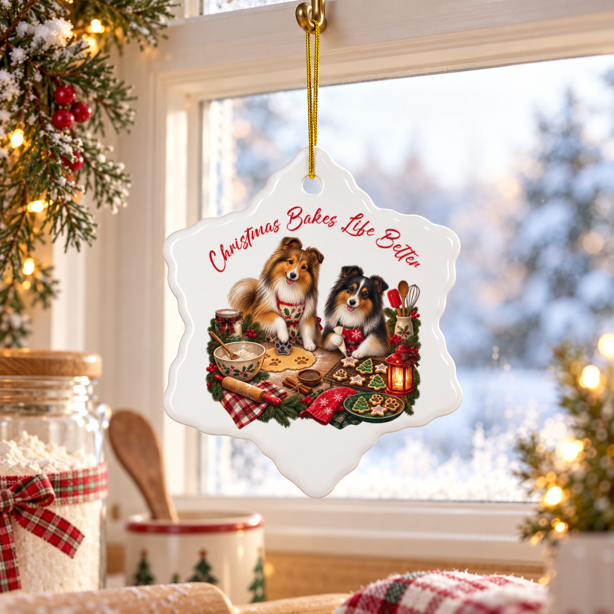 A white Christmas ornament shaped like a snowflake hangs in front of a window. The ornament features an illustration of two shelties baking at a table with cookies, gingerbread, and holiday decorations, with the text 'Christmas Bakes Life Better' in red script.