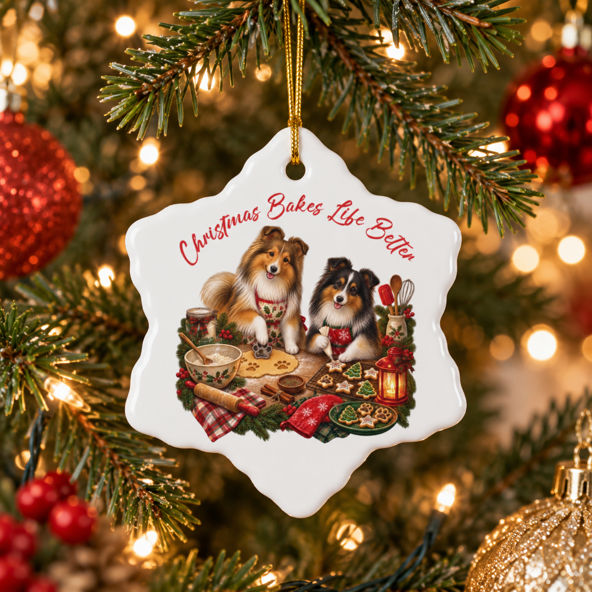 A white snowflake-shaped Christmas ornament hanging on a decorated tree. The ornament features an illustration of two shelties sitting at a table with baking items and the red text 'Christmas Bakes Life Better'.