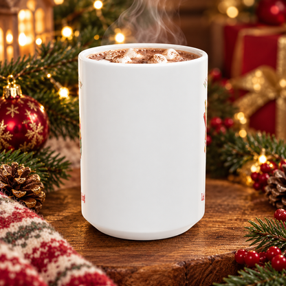 A white ceramic mug filled with a steaming hot chocolate topped with marshmallows, set on a wooden surface surrounded by Christmas decorations including pine branches, ornaments, lights, and wrapped gifts.