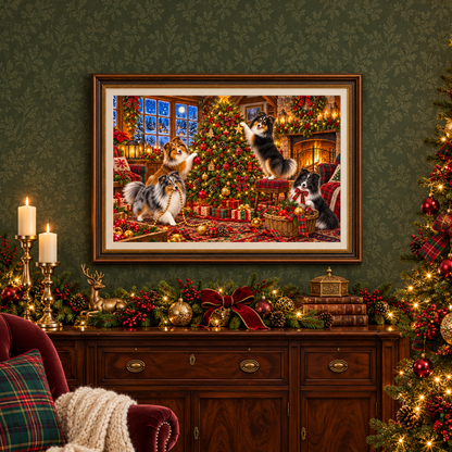 A framed Christmas-themed art print depicting four shelties decorating a Christmas tree, displayed on a dark green patterned wallpaper wall above a wooden console table with candles, a brass deer, books, and greenery near a Christmas tree and red velvet chair with a white blanket and plaid pillow.