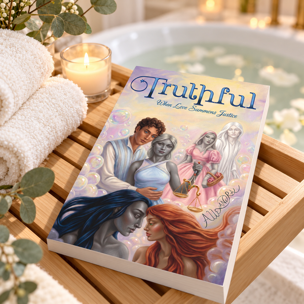 A book titled "Truthful: When Love Summer's Justice" lies on a wooden bath tray beside a lit candle, rolled towels, and a bathtub with floating petals in the background. The cover features colorful illustrated characters and pastel tones.