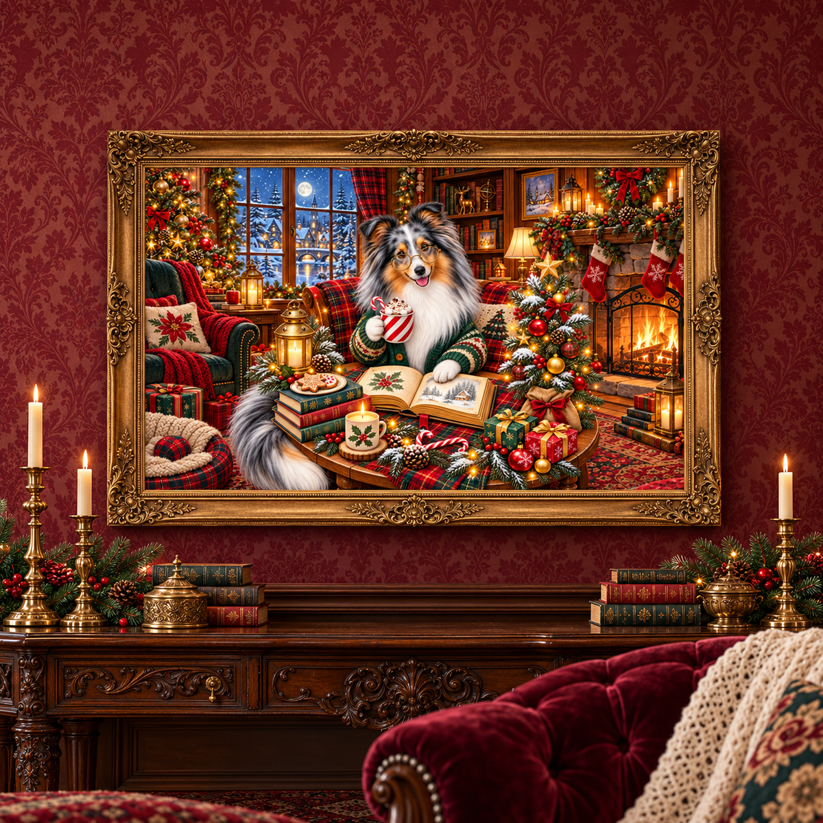A large framed Christmas painting of a merle sheltie holding a cocoa in a festive living room hangs on a dark red damask wall above a mahogany console table that is decorated with candles, festive greenery, gold decorative boxes, and books. A burgundy velvet chair with a doily and floral pillow sits in front.