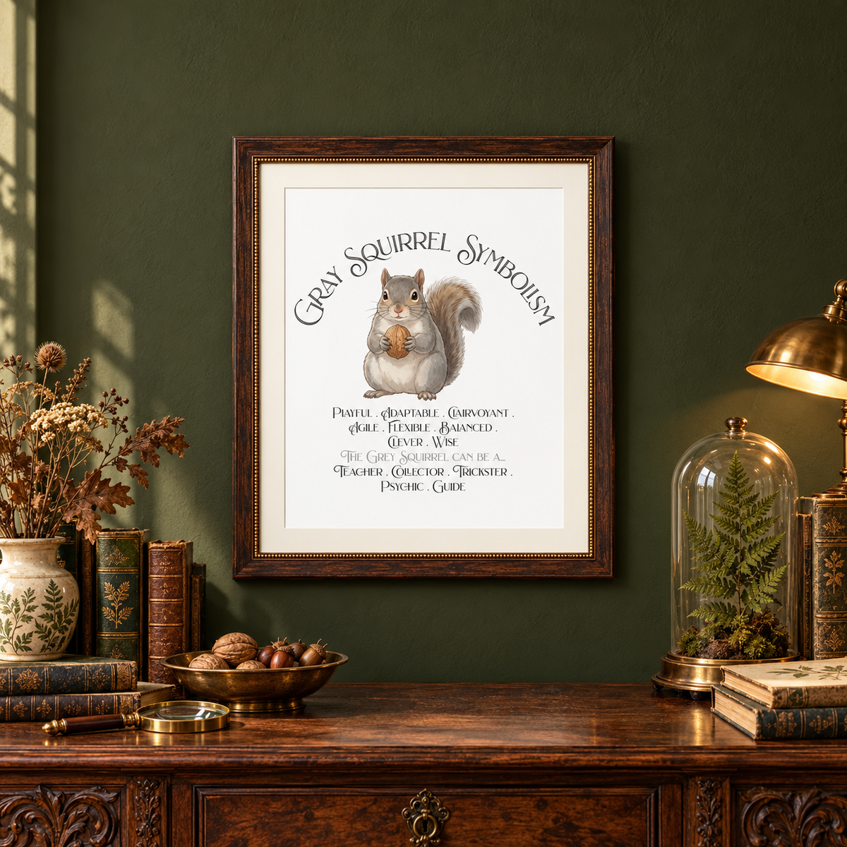 A framed art print featuring a squirrel holding a walnut with the text 'Gray Squirrel Symbolism' and a list of qualities, displayed on a dark green wall above a wooden console table with books, a bowl of nuts, magnifying glass, vase of dried flowers and leaves, and a lamp.