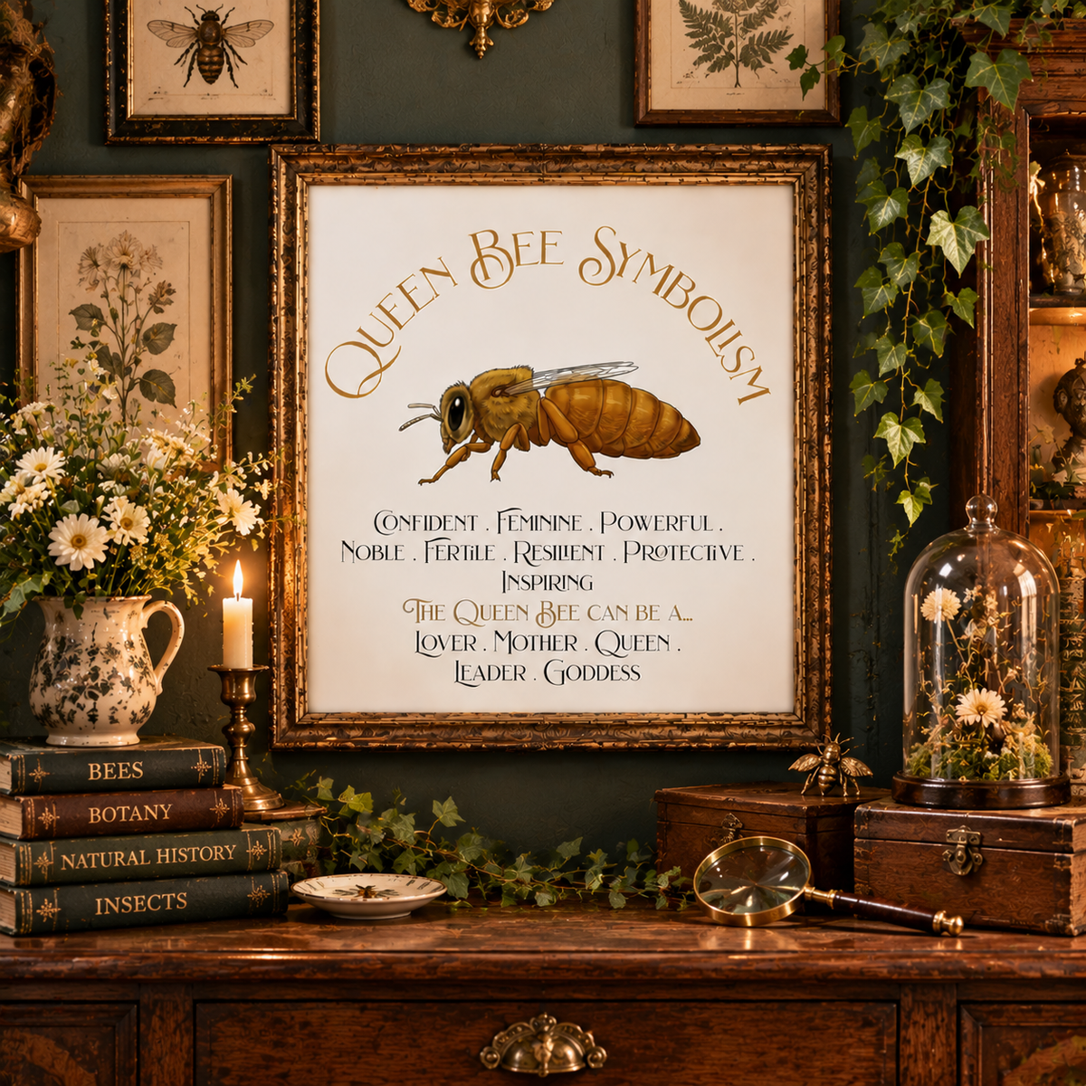 A framed art print featuring the Queen Bee Symbolism text and an illustration of a queen bee, displayed above a wooden console table in a vintage-style room with books, flowers, magnifying glass, small wood chests, and botanical decor.
