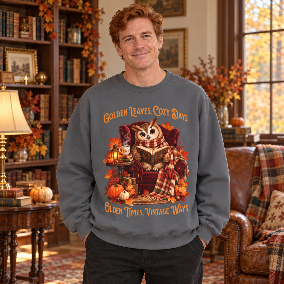 A man wearing a gray crewneck pullover with a cozy autumn graphic with an owl reading a book in an armchair with a steaming drink nearby. The man is standing in a warm, book-filled living room.