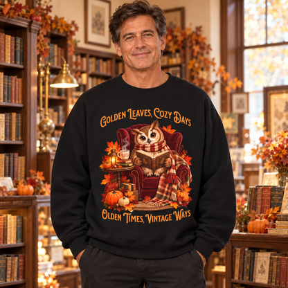 A man stands in a cozy library wearing a black crewneck sweatshirt with a detailed autumn owl graphic and the text 'Golden Leaves, Cozy Days' and 'Olden Times, Vintage Ways'.