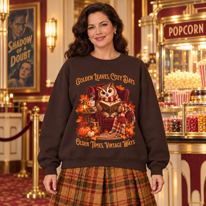 A woman stands in a vintage-style theater concession area wearing a dark brown crewneck sweatshirt with a detailed autumn graphic of an owl in a plaid armchair, surrounded by pumpkins and fall leaves, with the text 'Golden Leaves, Cozy Days' and 'Olden Times, Vintage Ways'.