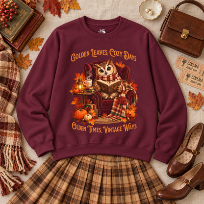A maroon crewneck sweatshirt with a vintage owl cozy autumn graphic, styled in a flat lay with a plaid skirt, brown shoes, a purse, vintage theater tickets, and fall leaves on a neutral fabric background.