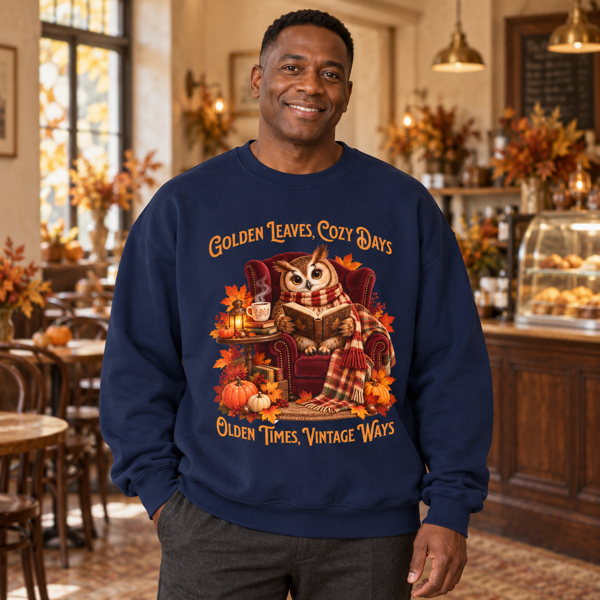 A man wearing a navy blue crewneck sweatshirt with a cozy autumn owl graphic and the text 'Golden Leaves, Cozy Days' and 'Olden Times, Vintage Ways', standing in a warm, decorated indoor cafe setting.