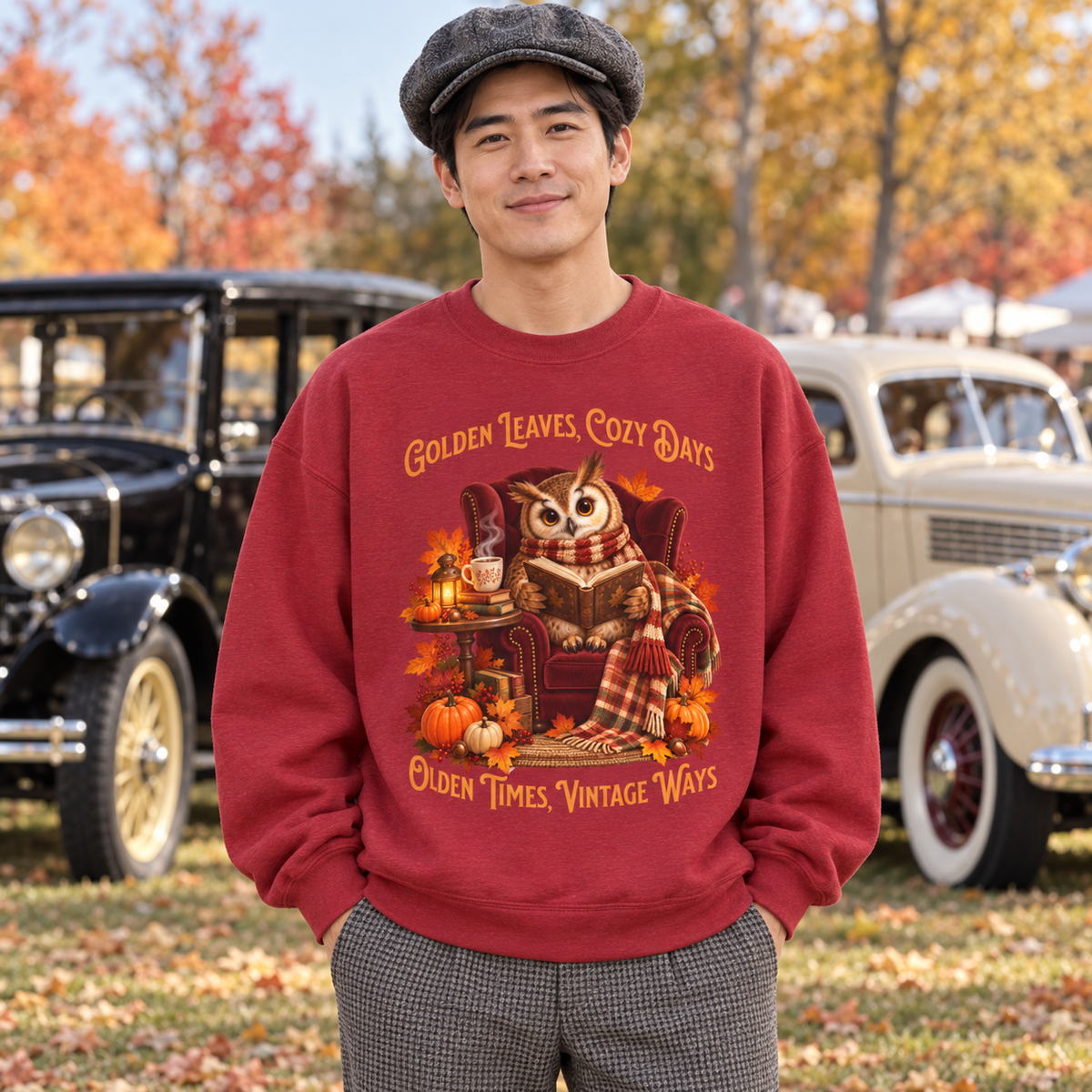 A man wearing a red crewneck sweatshirt with a cozy autumn owl graphic and text that says, Golden Leaves, Cozy Days, Olden Times, Vintage Ways. The man is standing outdoors in front of vintage cars and fall foliage.