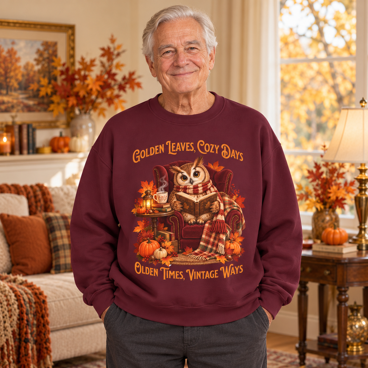 An older man wearing a burgundy crewneck sweatshirt with a cozy autumn graphic of an owl reading a book, surrounded by pumpkins, fall leaves, and the text 'Golden Leaves, Cozy Days' and 'Olden Times, Vintage Ways'. The man stands in a warm, decorated living room.