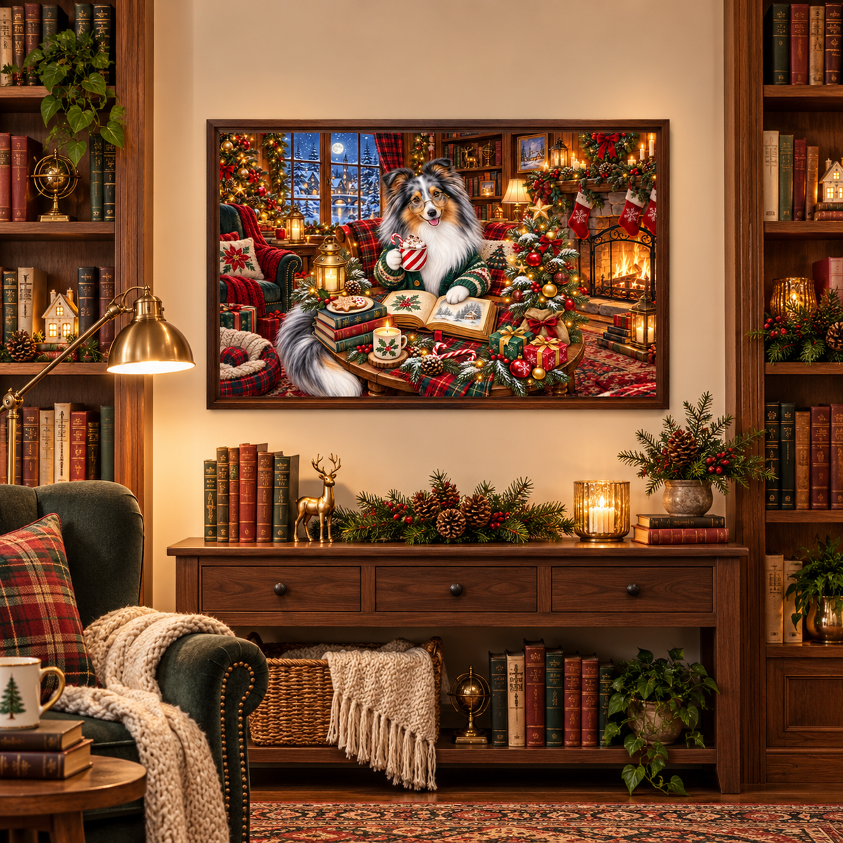 A large framed canvas print of a Sheltie at a cozy Christmas table, displayed on a wall in a rustic living room with bookshelves, a lamp, and a green chair with a pillow and blanket. The room is beautifully decorated with sprigs of pine, red berries, pinecones, candles, and glowing little houses.