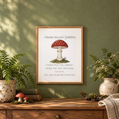A framed art print featuring a red and white spotted mushroom with text reading 'Amanita muscaria Symbolism' is displayed on a textured olive green wall above a rustic wooden console table. The scene is styled with potted ferns in speckled ceramic pots, a vase full of flowers, books, books, mushroom ornaments, a mossy branch, and a throw blanket.