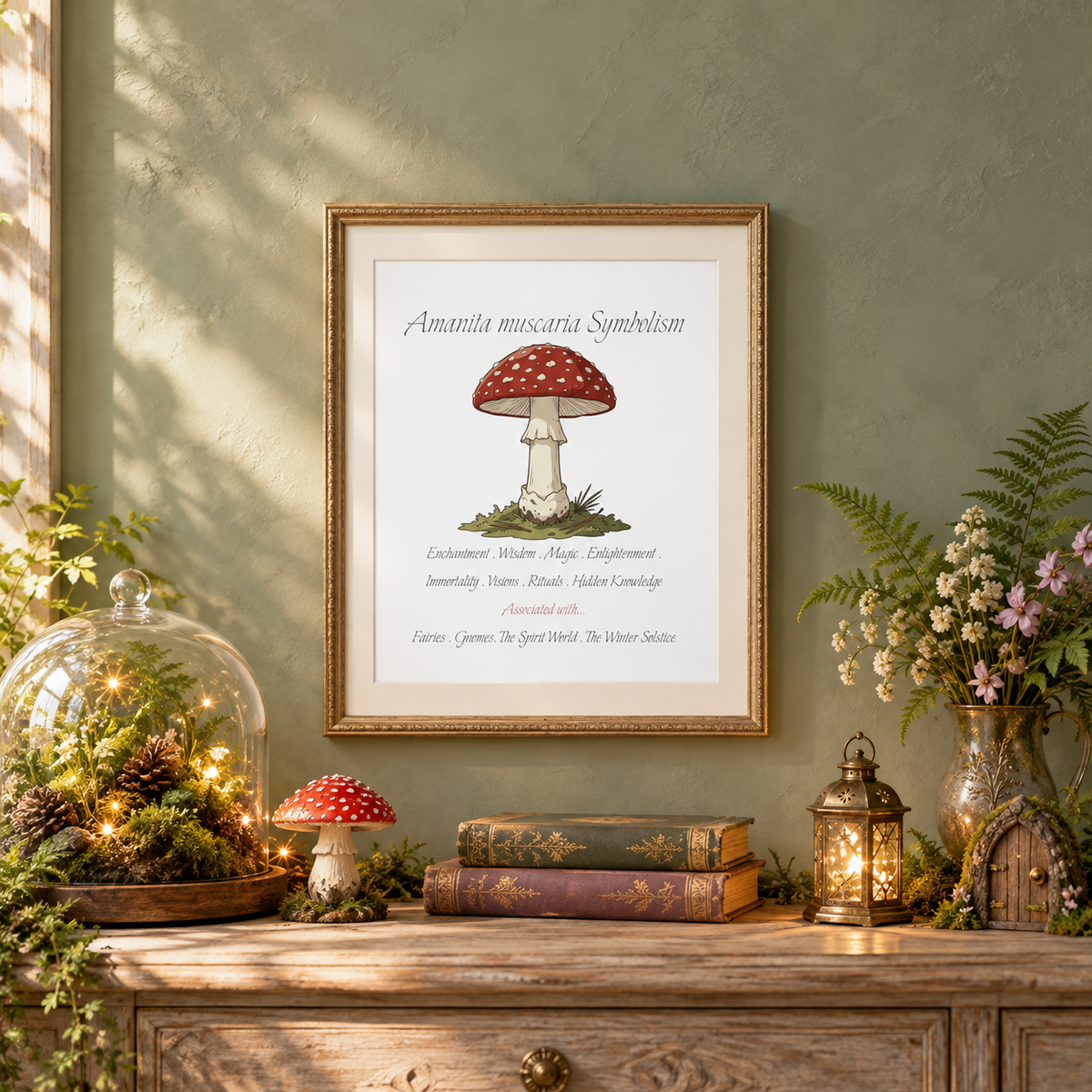 A framed mushroom art print hangs on a textured sage green wall above a rustic wooden console table. The print features a red-and-white spotted mushroom illustration with text beneath it, surrounded by decorative props including a glass dome with fairy lights, a small red mushroom, books, a little fairy door, a lantern, and a vase of flowers.