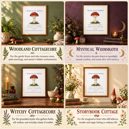 A 2x2 collage showing four framed art prints with the Amanita muscaria symbolism print and decorative text labels: Woodland Cottagecore, Mystical Whimsigoth, Witchy Cottagecore, and Storybook Cottage. Each panel includes a styled room scene with plants, candles, books, and rustic decor.