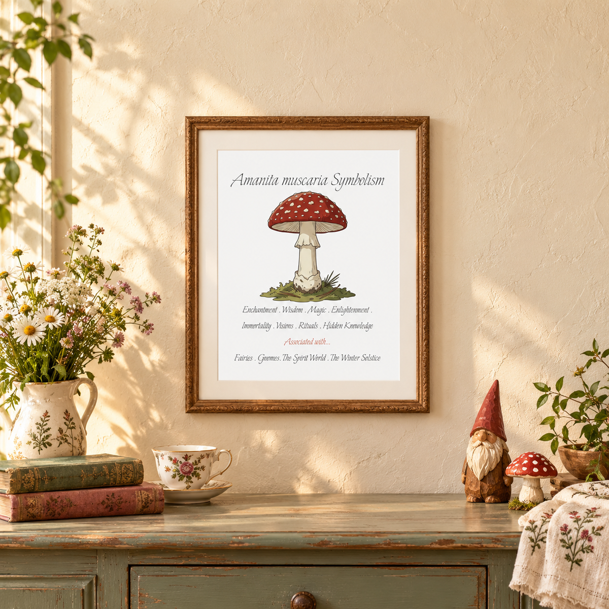 A framed art print featuring a red and white spotted mushroom with the text 'Amanita muscaria Symbolism' is displayed on a textured beige wall above a rustic wooden console table decorated with flowers, a potted plant, books, a teacup, and small gnomes.