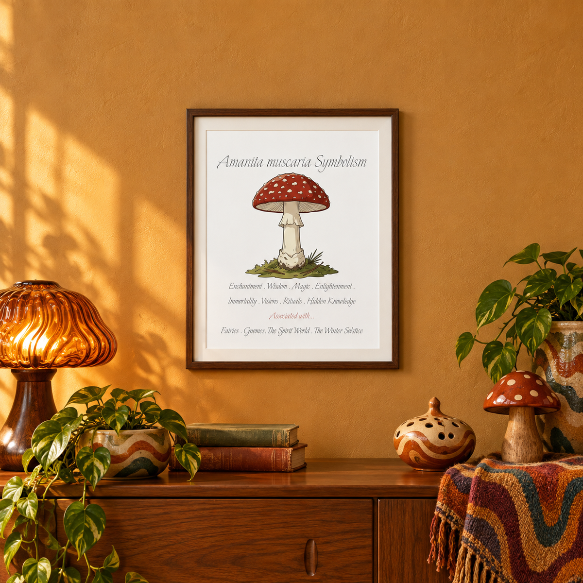 A framed Amanita muscaria Symbolism print hangs on a warm mustard wall above a wooden cabinet, styled with plants, a lamp, books, and decorative objects in a cozy boho interior setting.