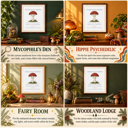 A 2x2 collage showing four cozy room decor setups, each featuring Amanita muscaria Symbolism art prints, with decorative labels reading 'Mycophile's Den,' 'Hippie Psychedelic,' 'Fairy Room,' and 'Woodland Lodge.