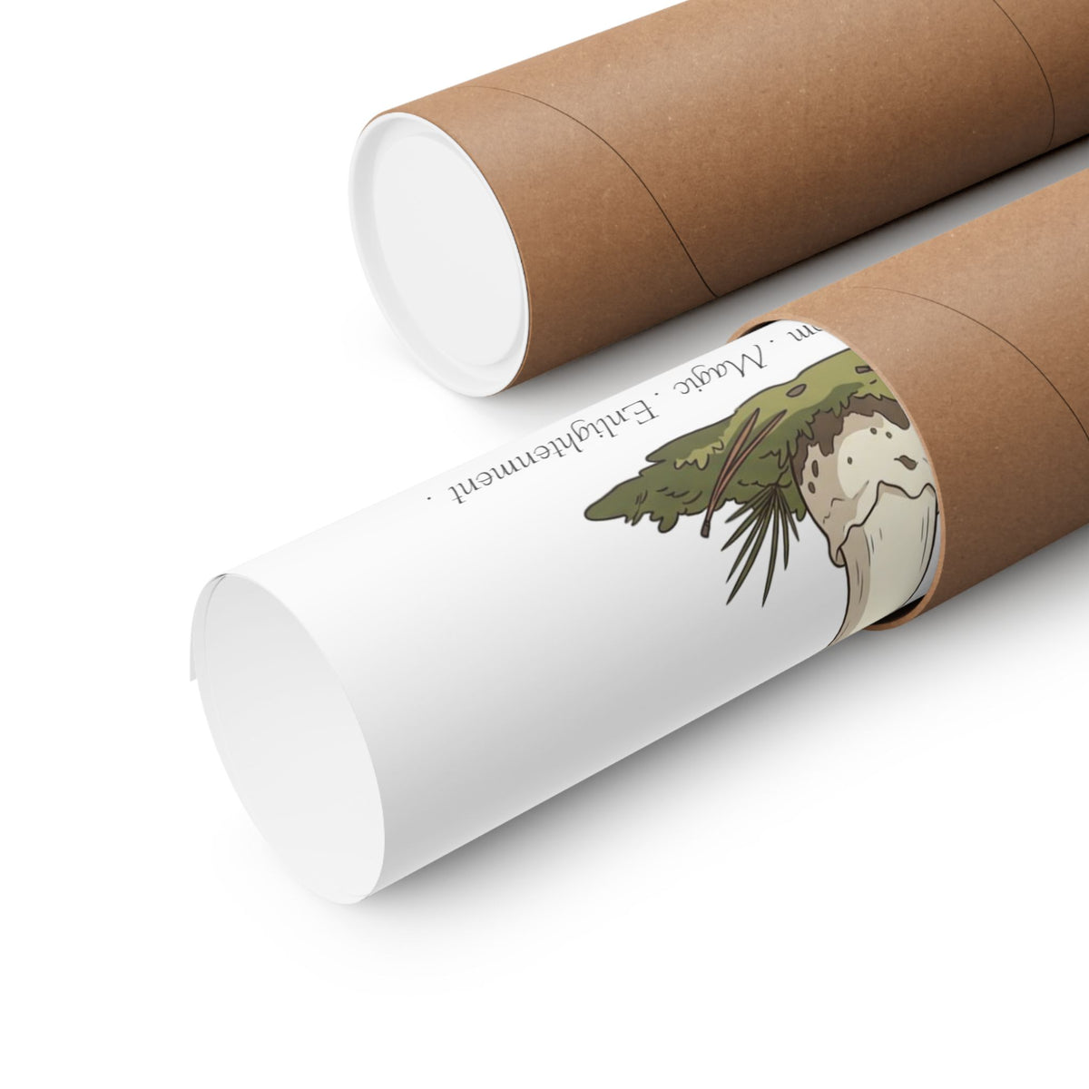 Two brown kraft paper mailers or poster tubes on a white background, with one tube open to show a rolled up poster.