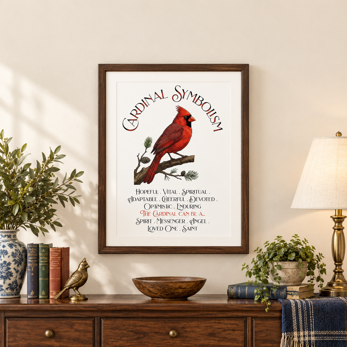A framed art print featuring a red cardinal on a branch with the text 'Cardinal Symbolism' and meanings below, displayed on a wall above a wooden console table with books, a lamp, and plants.