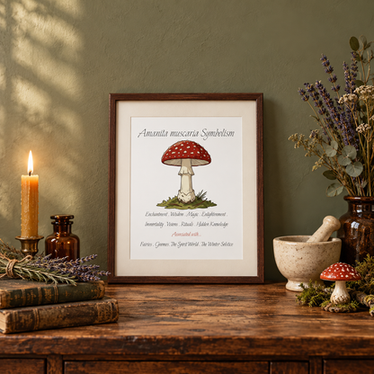 A framed art print featuring a red and white spotted mushroom with text reading 'Amanita muscaria Symbolism' is displayed on a rustic wooden table. The scene is styled with a lit candle, books, dried lavender, mortar and pestle, vase of dried flowers, and a small matching mushroom figurine against a textured olive green wall.