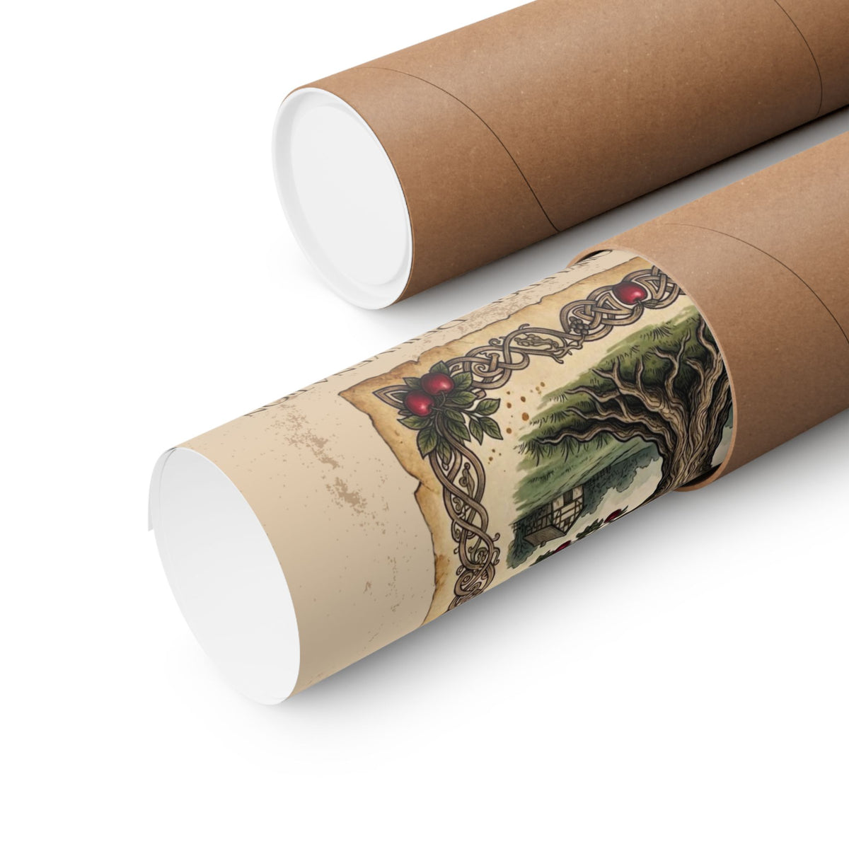 Two brown kraft paper mailers or tubes on a white background, with one open to reveal a rolled up poster.