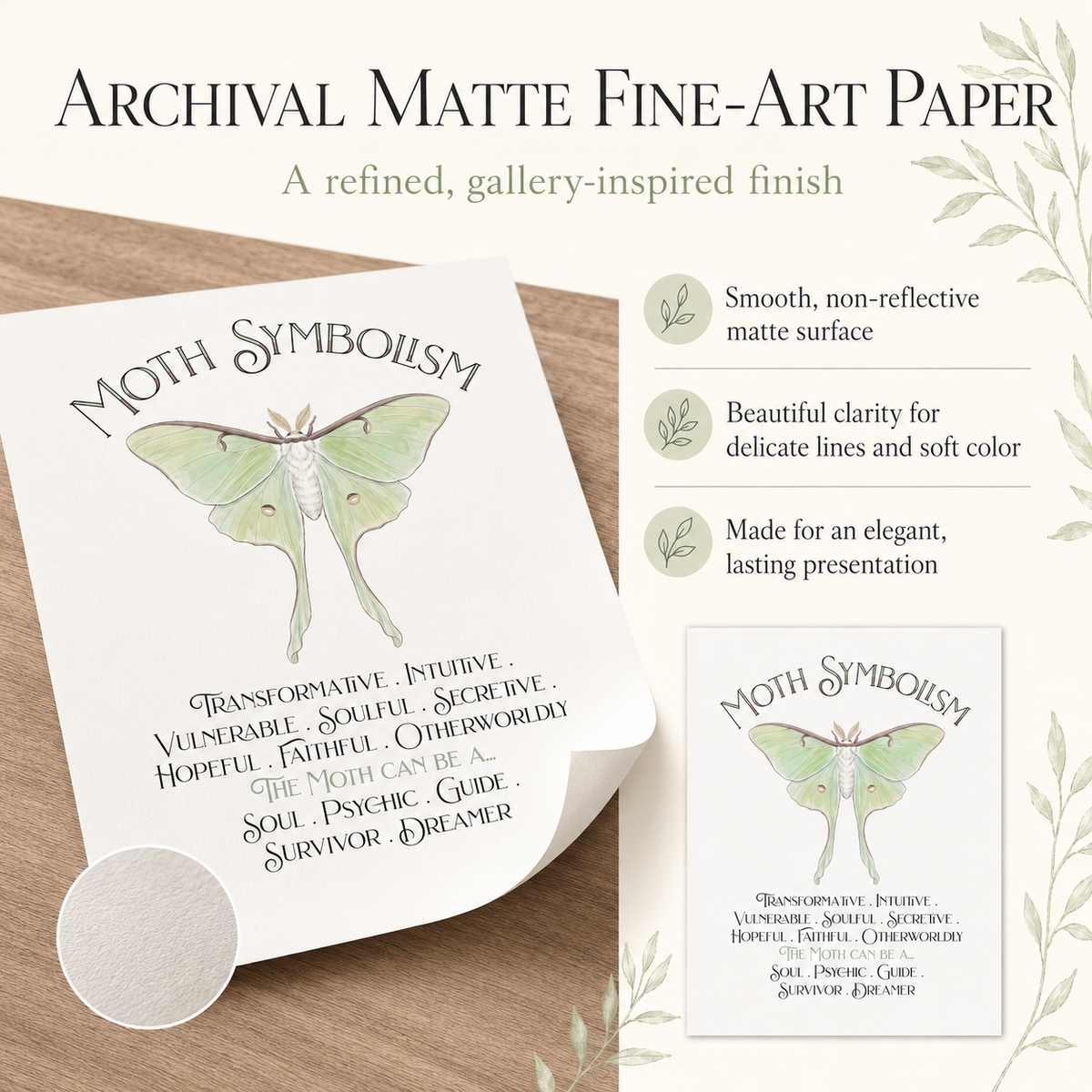 Archival matte fine-art paper shown in a styled listing graphic, featuring a white card printed with a green moth illustration and the title 'Moth Symbolism.' The layout includes text callouts describing the paper's smooth, non-reflective surface, clear printing, and elegant presentation, plus a small circular sample swatch and a smaller duplicate card on a light background.
