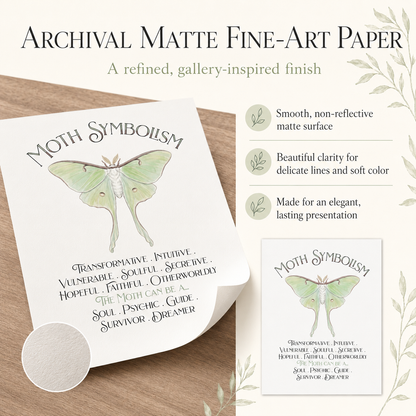 Archival matte fine-art paper shown in a styled listing graphic, featuring a white card printed with a green moth illustration and the title 'Moth Symbolism.' The layout includes text callouts describing the paper's smooth, non-reflective surface, clear printing, and elegant presentation, plus a small circular sample swatch and a smaller duplicate card on a light background.