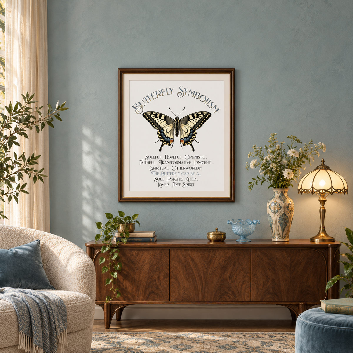 A framed wall art print featuring a butterfly and the text 'Butterfly Symbolism' hangs above a wooden console table in a styled living room with a blue wall, lamp, flowers, and upholstered seating.