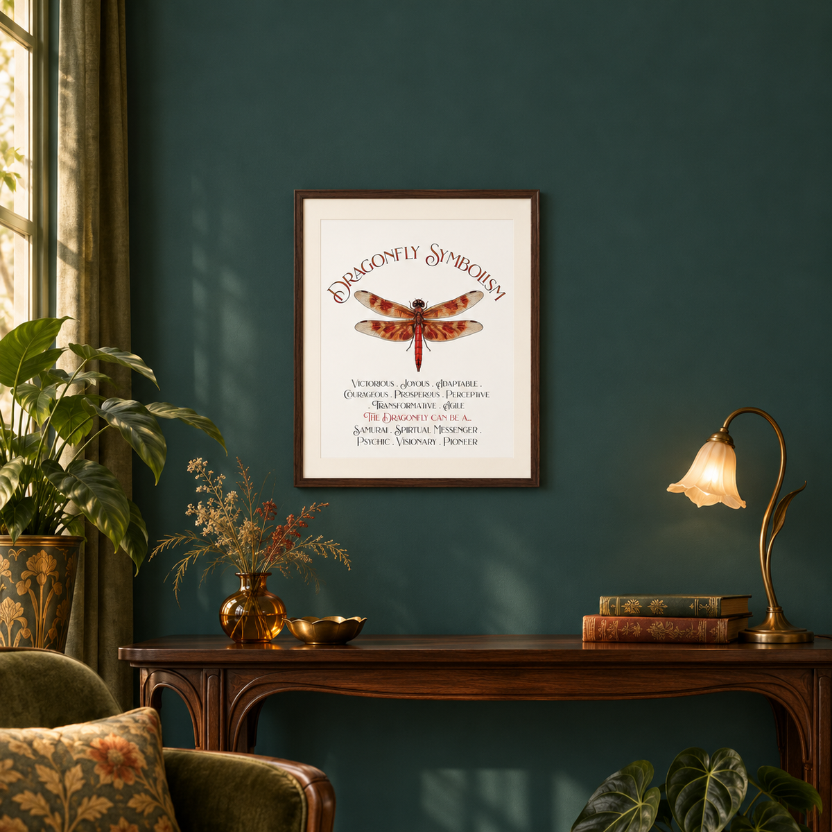 A framed art print titled 'Dragonfly Symbolism' featuring a detailed dragonfly illustration and text, displayed on a dark teal wall above a wooden table with a vase of flowers, a floral lamp, and books surrounded by potted plants, a vintage-style chair with a pillow.