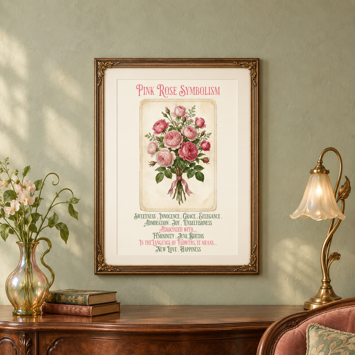 A framed vintage-style art print titled 'Pink Rose Symbolism' hangs on a textured sage green wall above a wooden console table with books, a floral-shaped lamp, and a glass vase with flowers.
