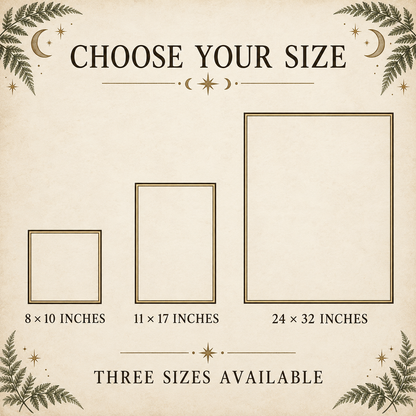 Size selection graphic showing three rectangular photo frame options labeled 8 x 10 inches, 11 x 17 inches, and 24 x 32 inches, with the text 'CHOOSE YOUR SIZE' and 'THREE SIZES AVAILABLE' on a beige parchment-style background with decorative corner foliage.