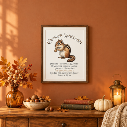 A framed art print titled 'Chipmunk Symbolism' featuring an illustration of a chipmunk, hanging on a warm terracotta wall above a rustic wooden table with autumn decor including a vase of leaves, a bowl of nuts, books, a pumpkin, a blanket, and a lantern.