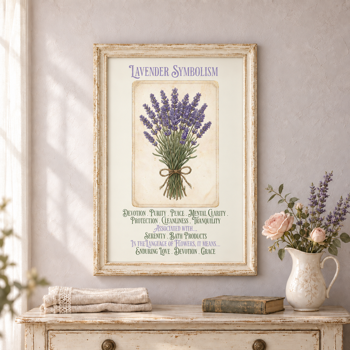 Framed 'Lavender Symbolism' art print hanging on a textured light gray wall above a distressed white wooden cabinet with a towel, book, and vase of flowers on it.