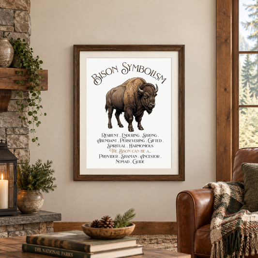 A framed wall art print featuring a bison illustration and the text 'Bison Symbolism' in a rustic living room setting with a stone fireplace, candle lantern, books, and leather armchair.