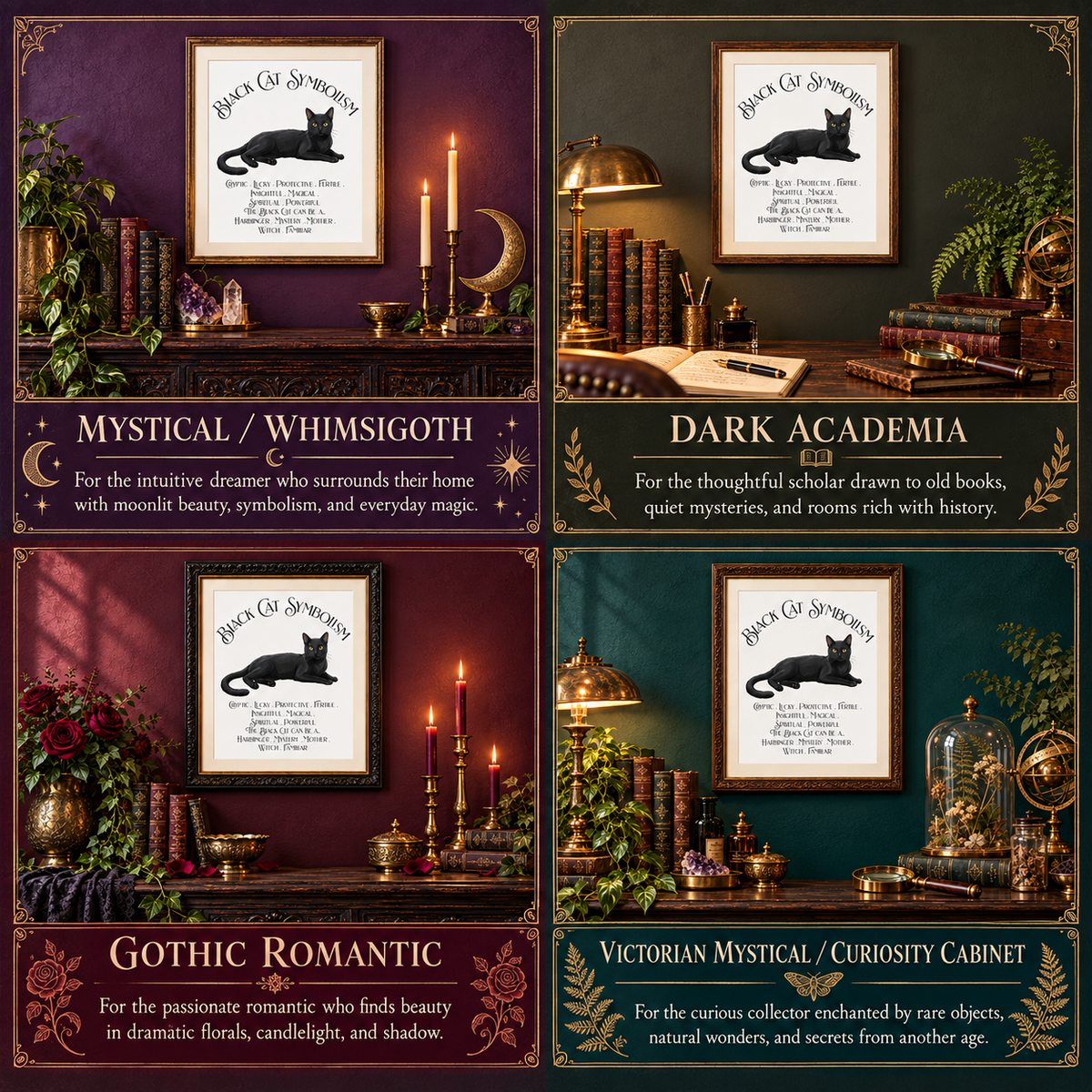 A 2x2 collage showing four framed art prints with black cat silhouettes and gothic-themed titles: Mystical/Whimsigoth, Dark Academia, Gothic Romantic, and Victorian Mystical/Curiosity Cabinet. Each panel includes a styled interior scene with candles, books, plants, and decorative objects, plus descriptive text blocks below.