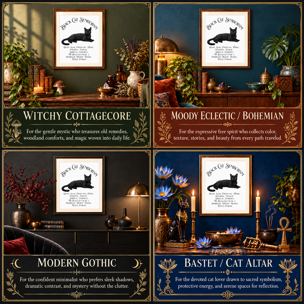 A 2x2 collage showing four styled interior scenes, each featuring a framed wall art print with a black cat symbolism print and decorative text. The scenes are labeled Witchy Cottagecore, Moody Eclectic / Bohemian, Modern Gothic, and Bastet / Cat Altar.