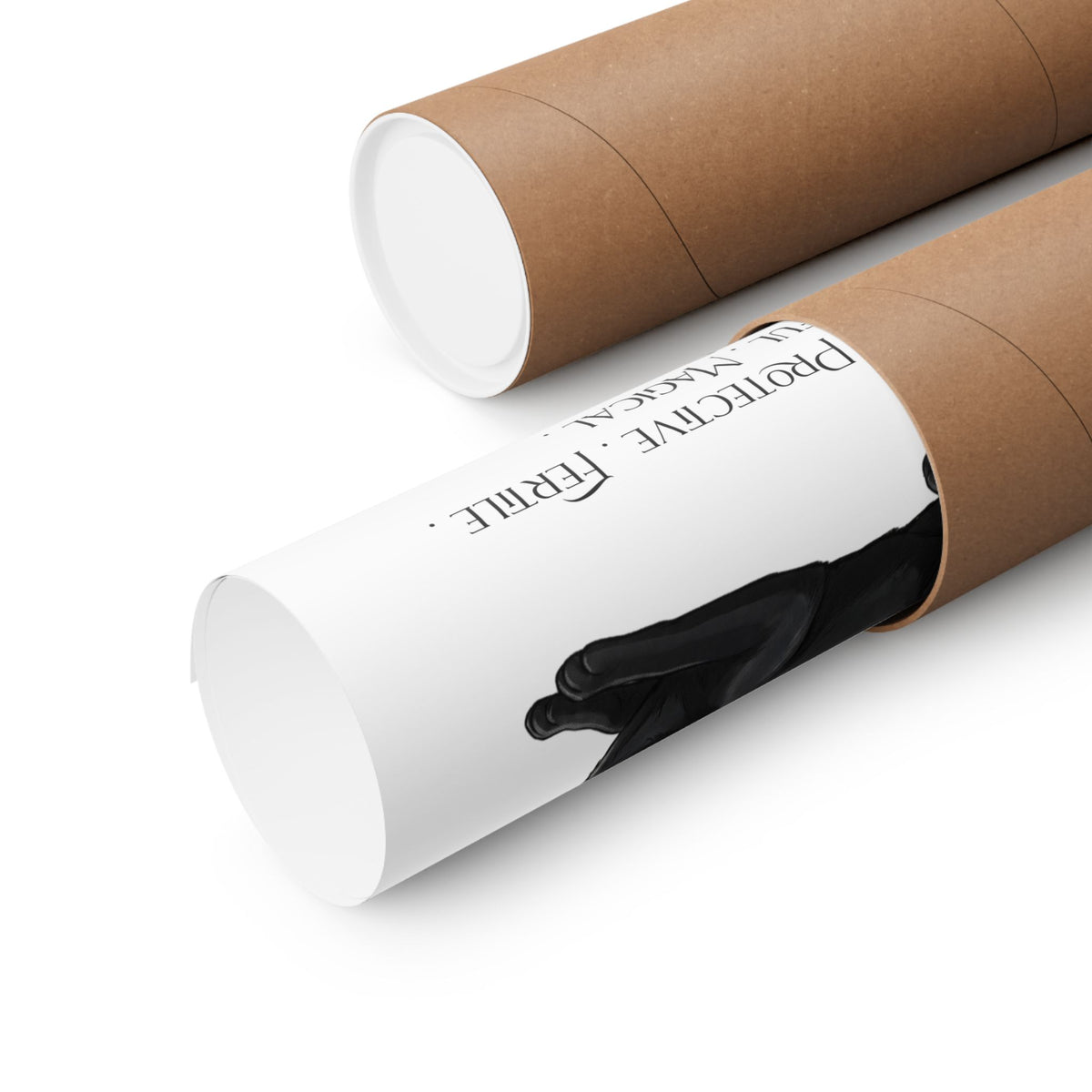 Two brown cardboard mailing tubes on a white background, one open to reveal a rolled up poster.