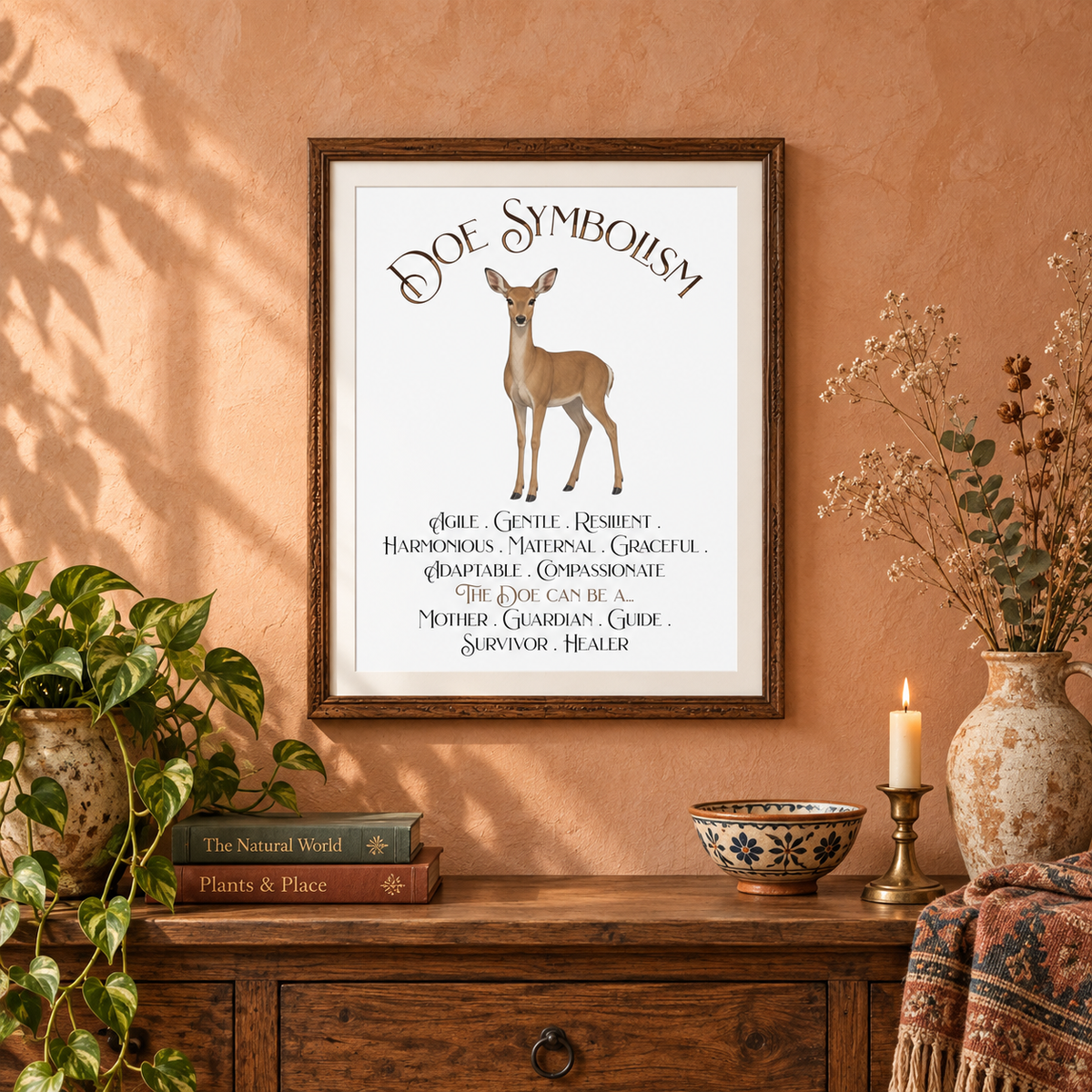 A framed art print featuring a female deer and the text 'DOE SYMBOLISM' is displayed on a terracotta wall above a wooden console table. The scene is styled with a potted plant, books, a candle, a bowl, and a vase with flowers.