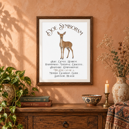A framed art print featuring a female deer and the text 'DOE SYMBOLISM' is displayed on a terracotta wall above a wooden console table. The scene is styled with a potted plant, books, a candle, a bowl, and a vase with flowers.