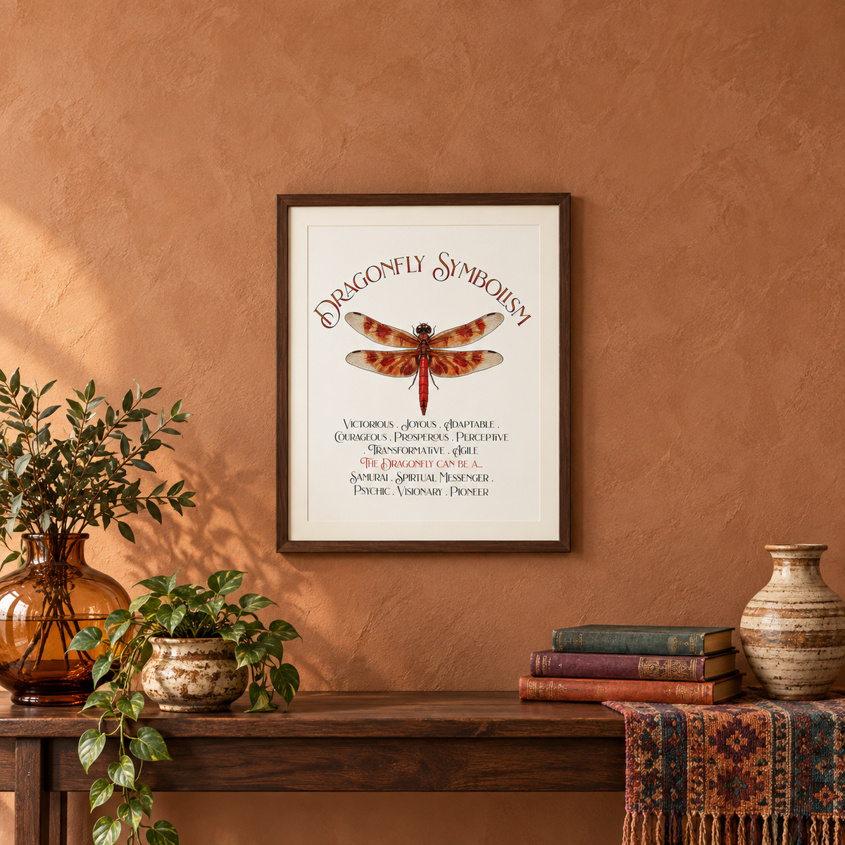 A framed art print titled 'Dragonfly Symbolism' featuring a detailed dragonfly illustration and text, displayed on a warm terracotta wall above a wooden console table styled with plants, books, and a vase.
