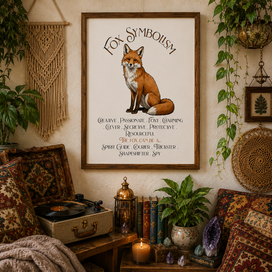 A framed art print featuring a detailed illustration of a fox with the text 'Fox Symbolism' and associated adjectives, displayed on a wall in a cozy, bohemian-style living room setting with plants, a record player, and books.