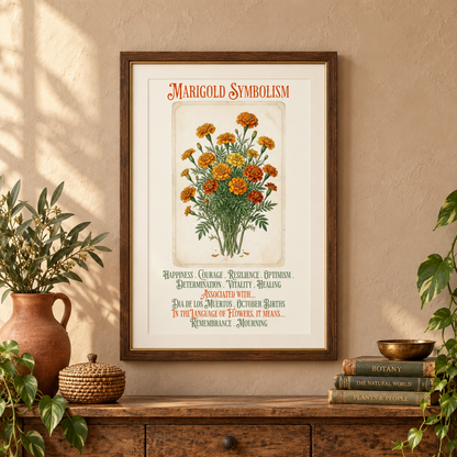A framed vintage-style poster titled 'Marigold Symbolism' hangs on a beige wall above a wooden console table with a terracotta vase, a small woven box, and stacked books.
