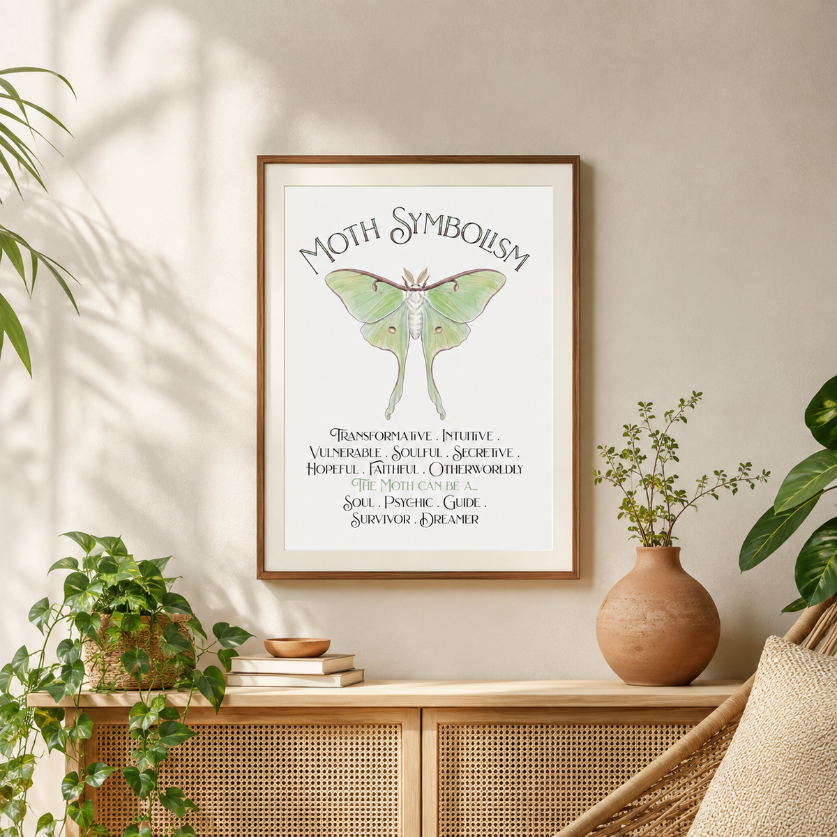 A framed art print titled 'Moth Symbolism' featuring a green luna moth illustration and text, displayed above a wooden console table in a styled room with plants and a vase.
