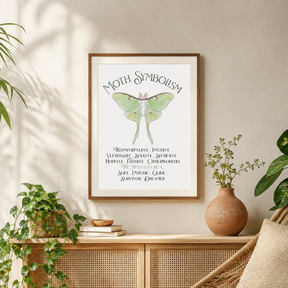 A framed art print titled 'Moth Symbolism' featuring a green luna moth illustration and text, displayed above a wooden console table in a styled room with plants and a vase.