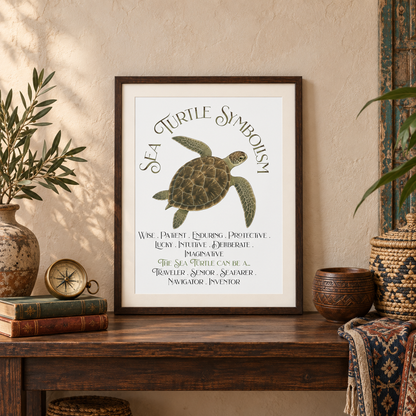 A framed art print featuring a sea turtle illustration and titled 'Sea Turtle Symbolism,' on a wooden table in a warm, bohemian room setting with woven baskets, stacks of books, a compass, a wooden pot, a woven blanket, and a pot with branches in it.