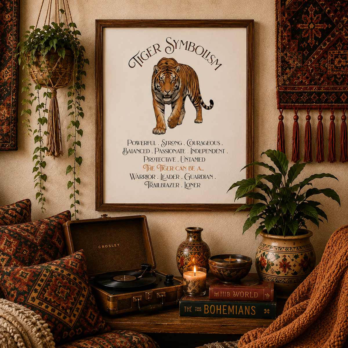 A framed tiger symbolism art print hangs on a warm beige wall above a cozy styled shelf with patterned pillows, a record player, books, and plants. The print features an illustrated tiger and decorative text.