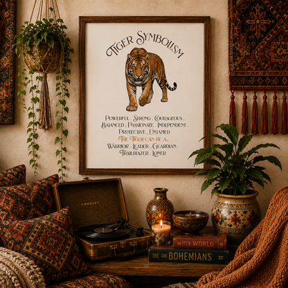 A framed tiger symbolism art print hangs on a warm beige wall above a cozy styled shelf with patterned pillows, a record player, books, and plants. The print features an illustrated tiger and decorative text.