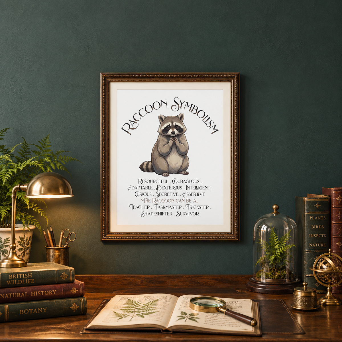 A framed art print featuring a raccoon illustration and the text 'Raccoon Symbolism' is displayed on a dark green wall above a wooden desk with books, a brass lamp, an astrolabe, an open plant book with a spyglass on it, and a glass dome.