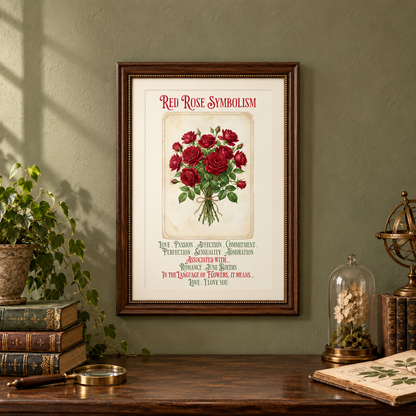 A framed vintage-style art print titled "Red Rose Symbolism" hangs on a sage green wall above a wooden table with books, a plant, a glass dome, a spyglass, and an open notebook.